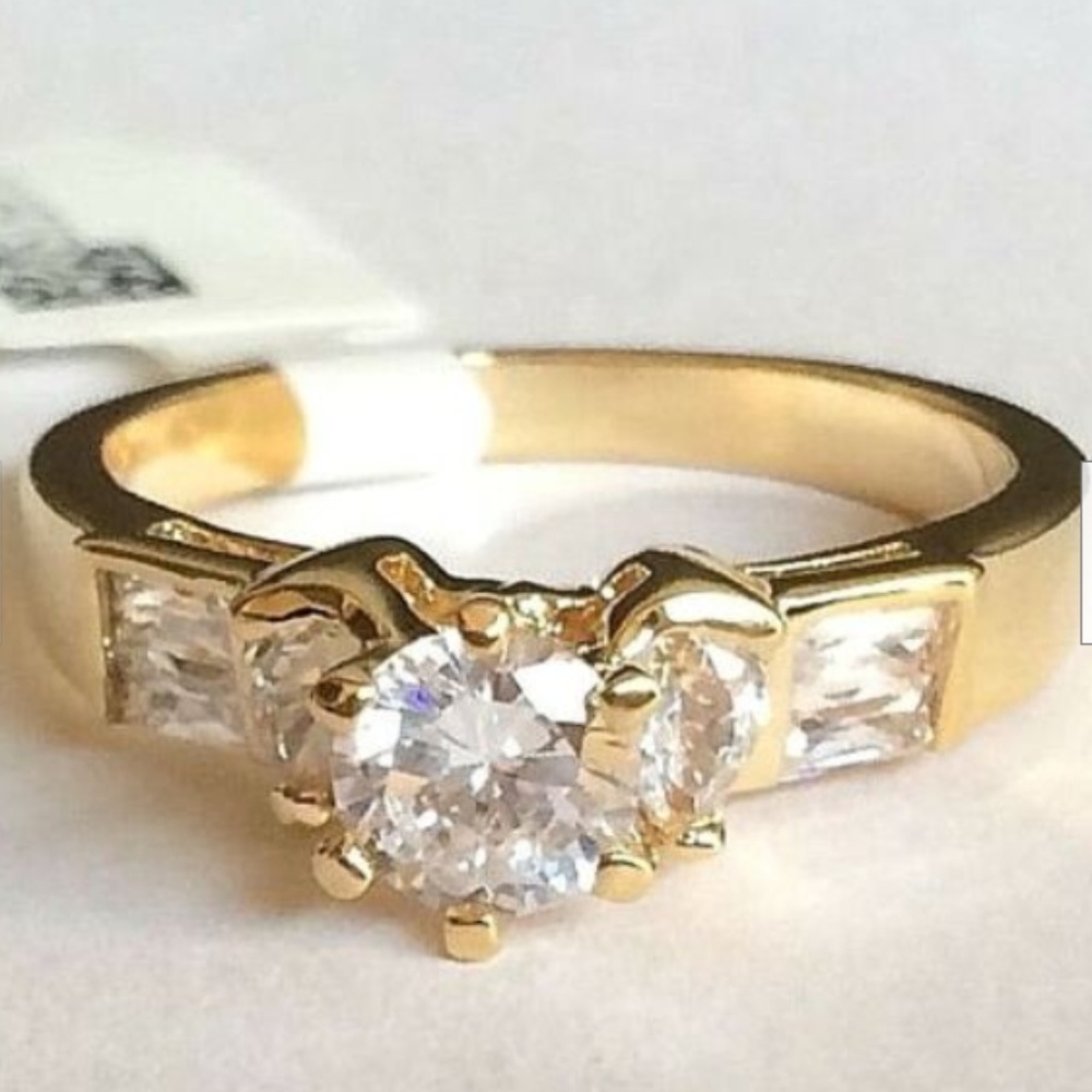 Gold Art Deco Engagement Cocktail Ring Size 9 Cubic Zirconia Solitaire w Accents